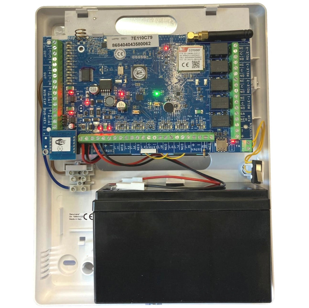 Centrale Impianto Sicurezza 64 Zone Radio 8 Filo Espandibili a 40 Collegamenti e Funzioni Programmabili 8 Aree 50 Utenti Comandi da APP RFID 2 Radiocomandi 868 MHz HiFi 5 Relè Domotica GSM/GPRS e LAN
