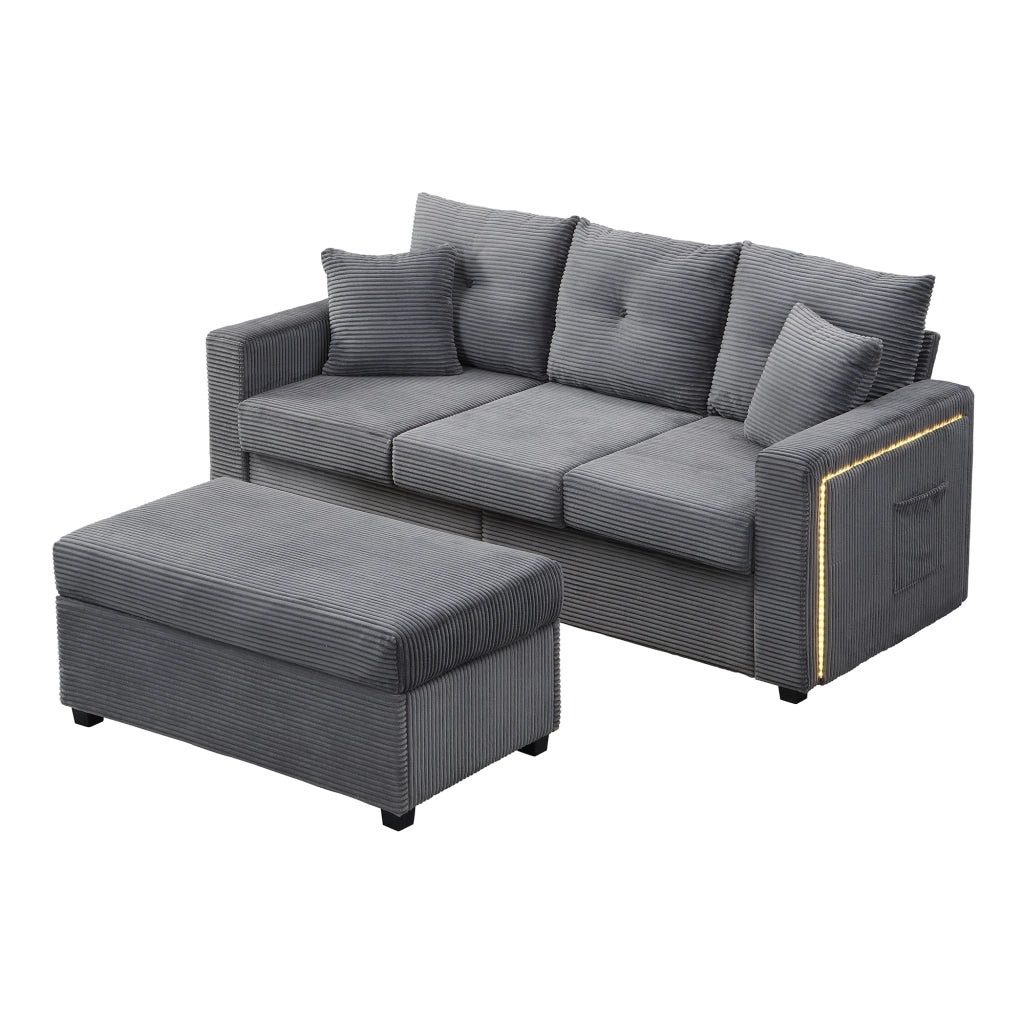 Divano 3 posti con pouf e 5 cuscini; divano angolare a L con luci LED; velluto a coste; grigio antico; 184 cm