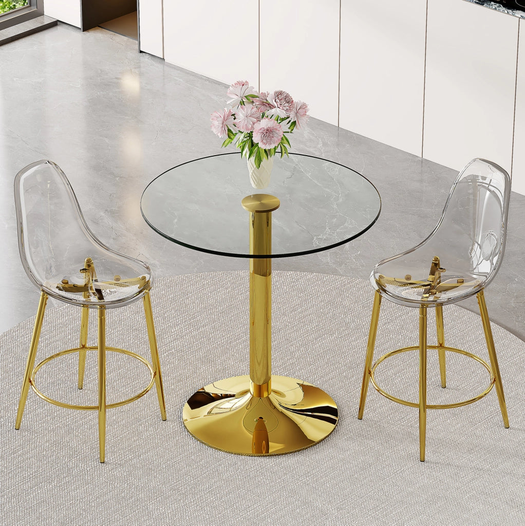 Set tavolo bar rotondo Ø89 cm con 2 sgabelli trasparenti; struttura oro HOMVRA