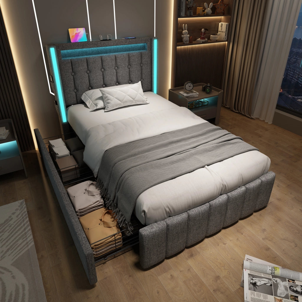 Letto singolo 90x200 grigio con due cassetti