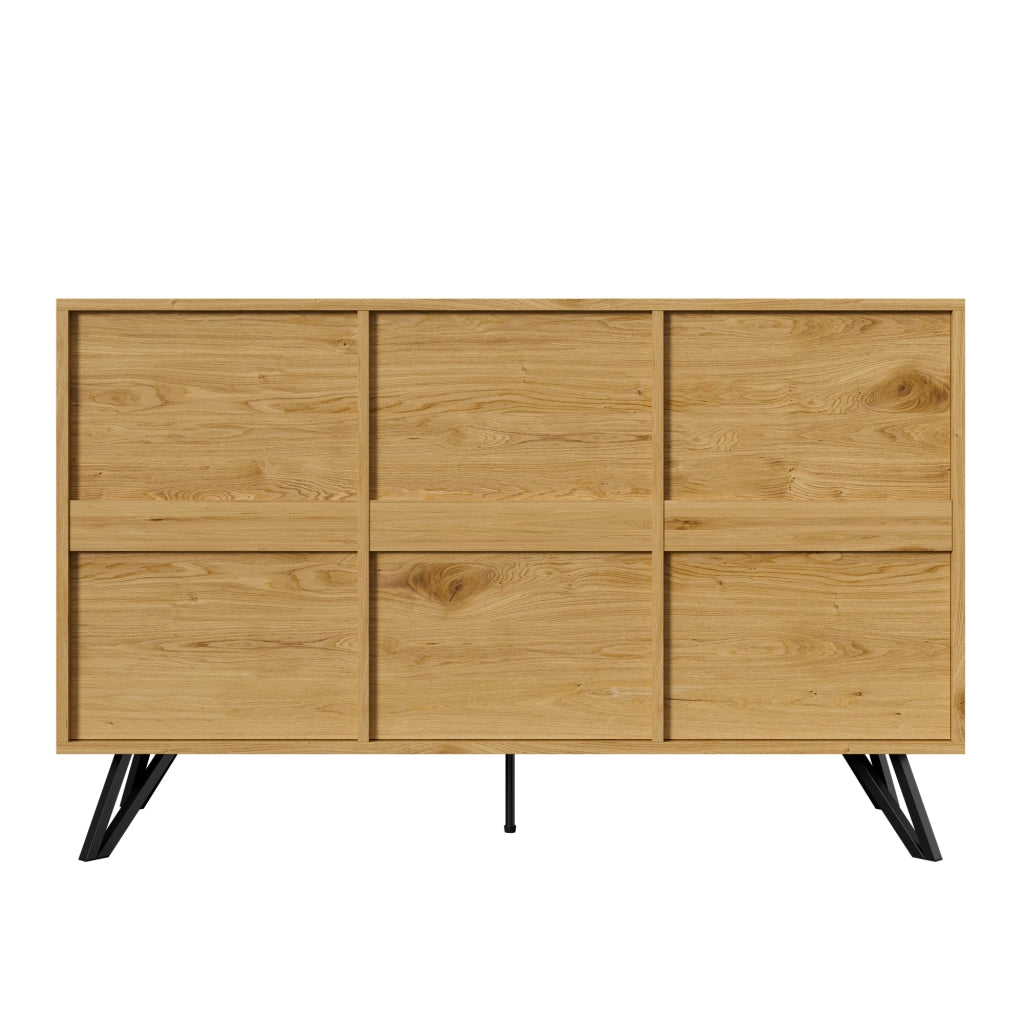Credenza a 3 ante effetto legno con gambe in metallo nere per soggiorno e sala da pranzo 140 × 40 × 75.5 cm