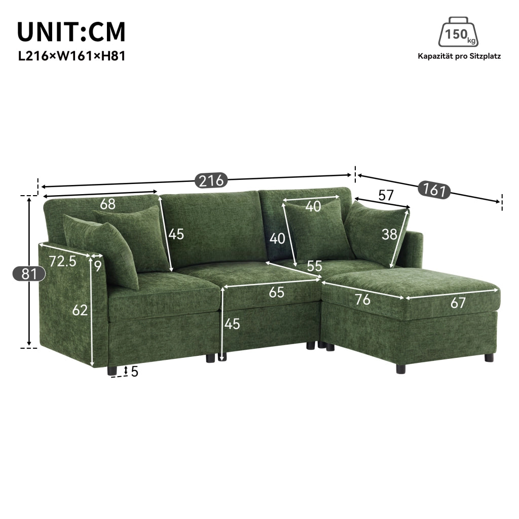 Divano Angolare Modulare 3 Posti con Poggiapiedi e Cuscini ¨C MINIMAL ¨C Verde, Tessuto Chenille