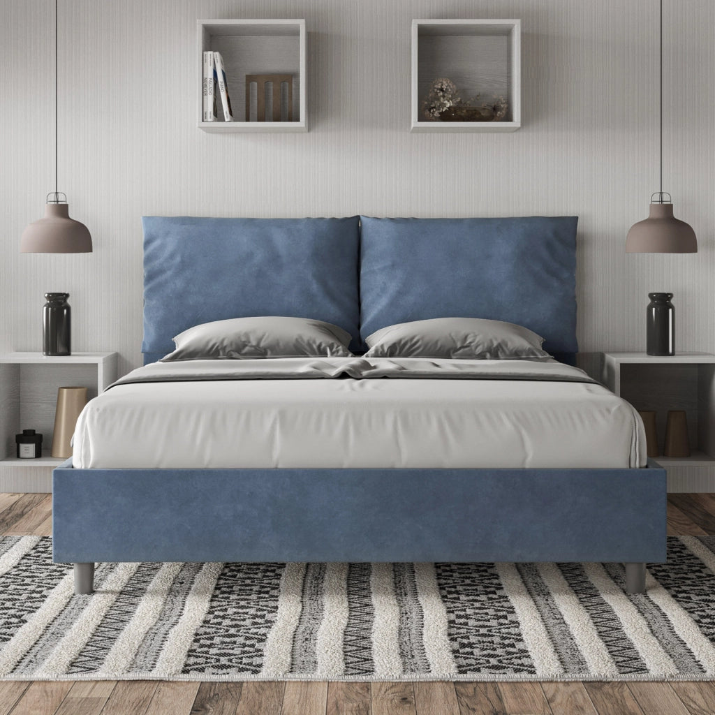 BS COM Letto queen size contenitore imbottito 150x210 microfibra blu
