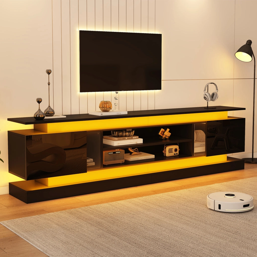 Mobile TV 180 × 35 × 60 cm con 2 ante push to open e LED RGB Bluetooth in MDF nero lucido