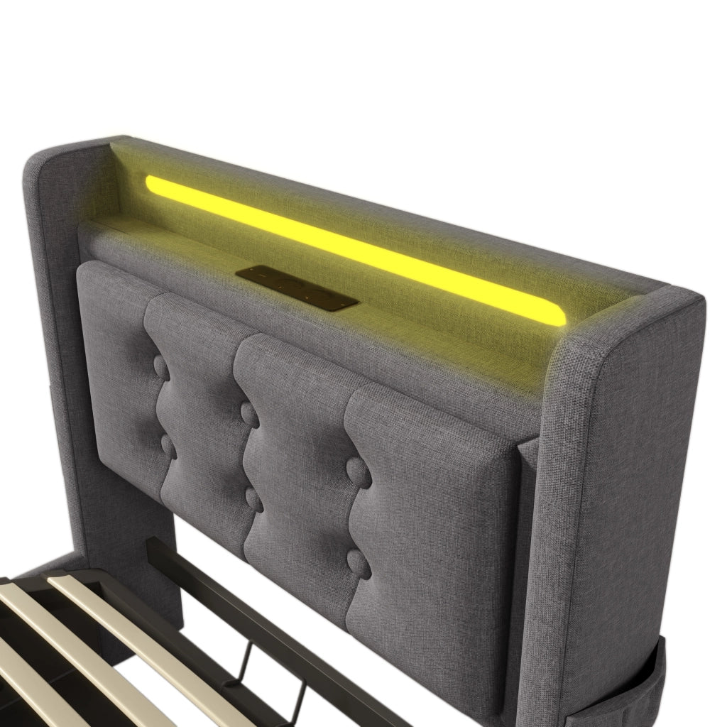 Letto contenitore imbottito grigio 90 x 200 cm con LED