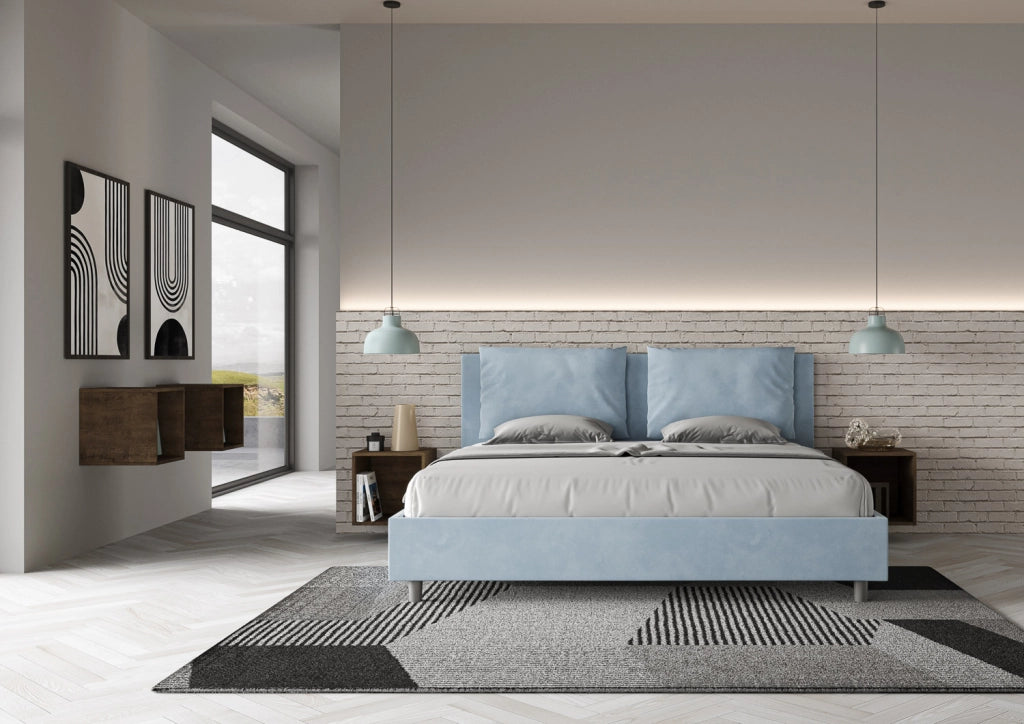BS COM Letto con rete imbottito 180x210 microfibra azzurro