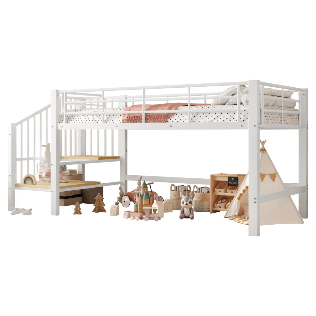 Letto a soppalco per bambini 90x200 con scala contenitore; metallo bianco