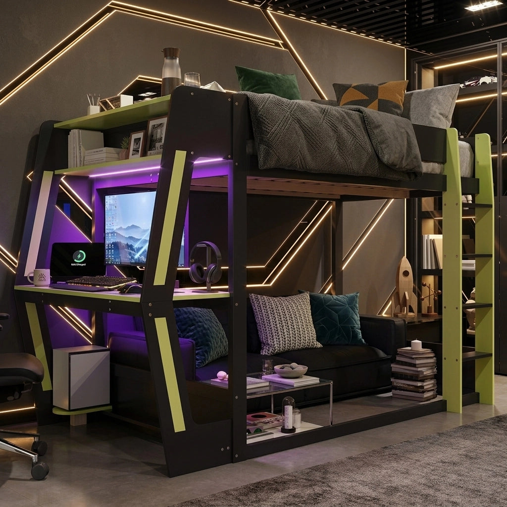 Letto a soppalco gaming 120x200 cm nero e verde, zona notte alta, area inferiore libera, scrivania gaming, ripiano PC, spazio contenitore e illuminazione LED