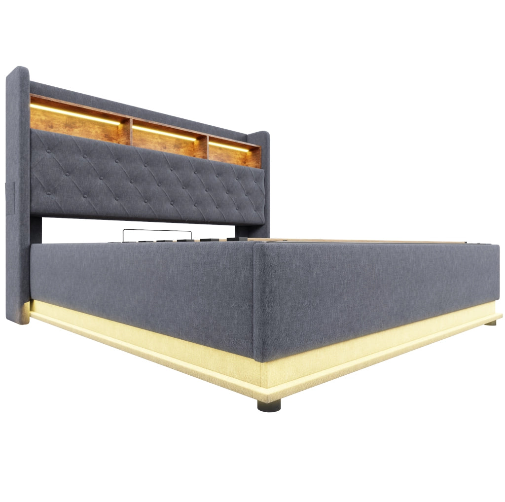 Letto imbottito 180x200 cm con LED multicolore, USB e contenitore grigio