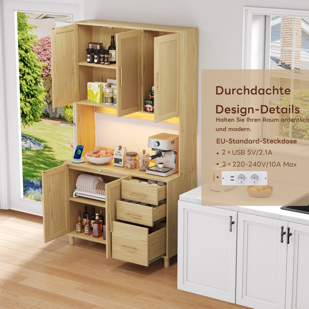 Credenza da cucina in MDF con LED multicolore; 2 prese; USB; 3 cassetti e ripiani regolabili; naturale