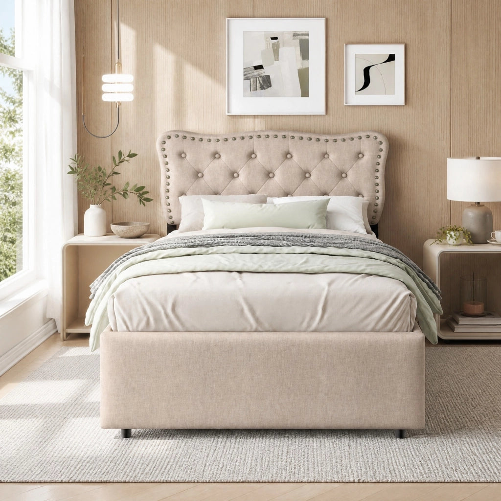 Letto singolo imbottito 90x200 cm in lino e MDF; beige scuro con 2 cassetti