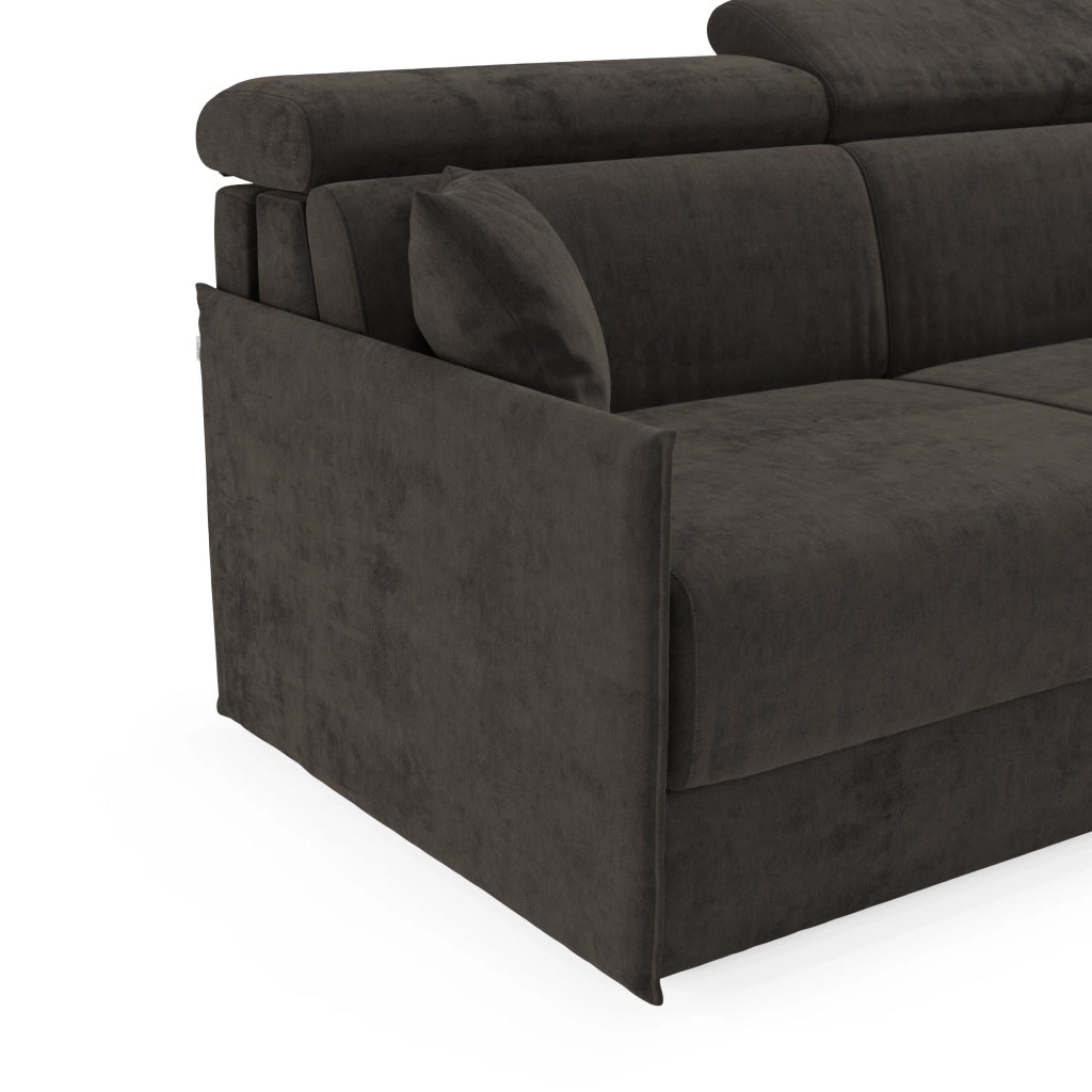 Miryam divano letto angolare compatto - poggiatesta reclinabili e penisola contenitore in tessuto smacchiabile T31 272 cm sinistro nero fumo