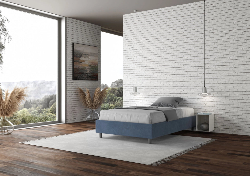 BS COM Letto una piazza e mezza con rete imbottito 110x190 microfibra blu