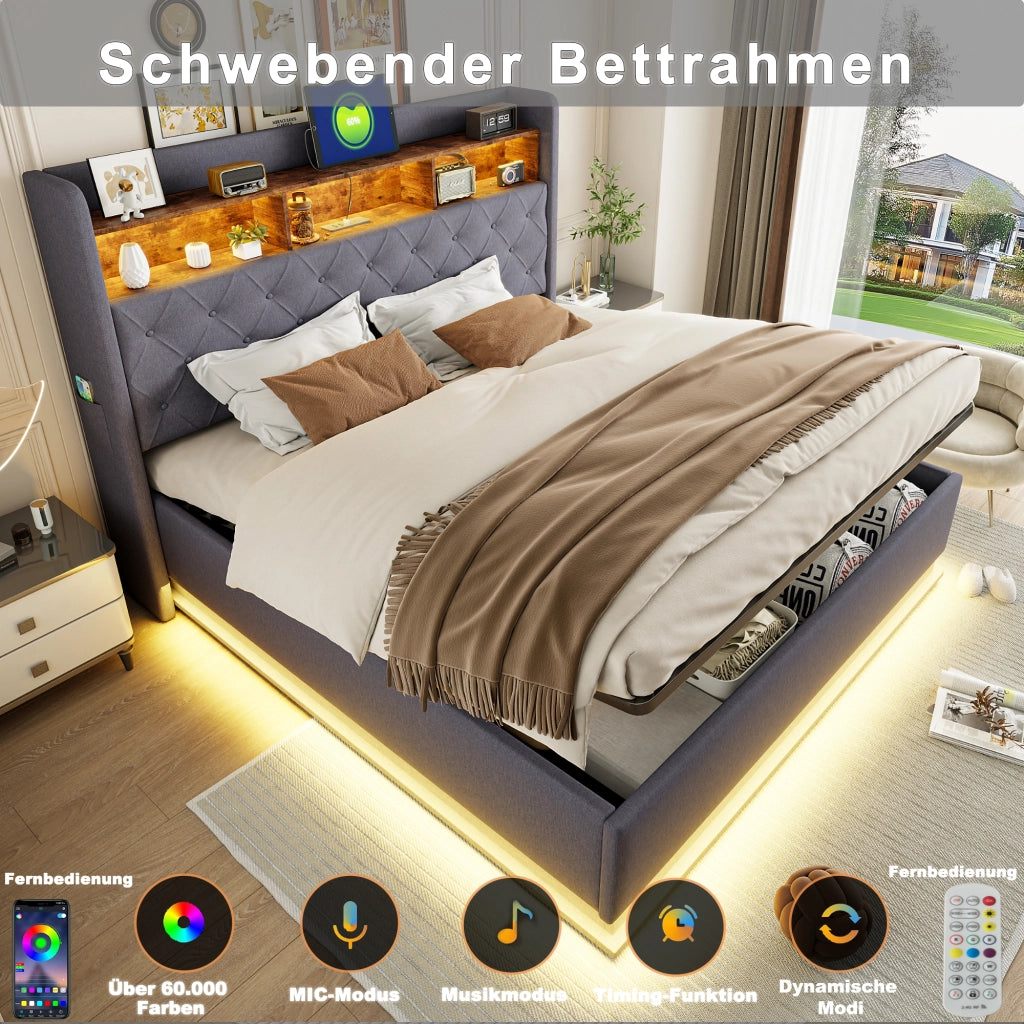 Letto Contenitore 160 x 200 cm con LED; USB e vano idraulico in Tessuto Grigio