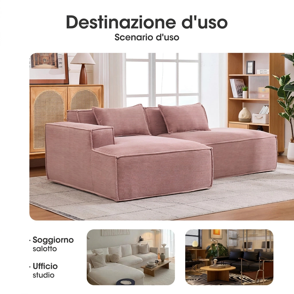 Divano compatto 235 cm a 2 posti rosa baby in poliestere con cuscini a molle insacchettate