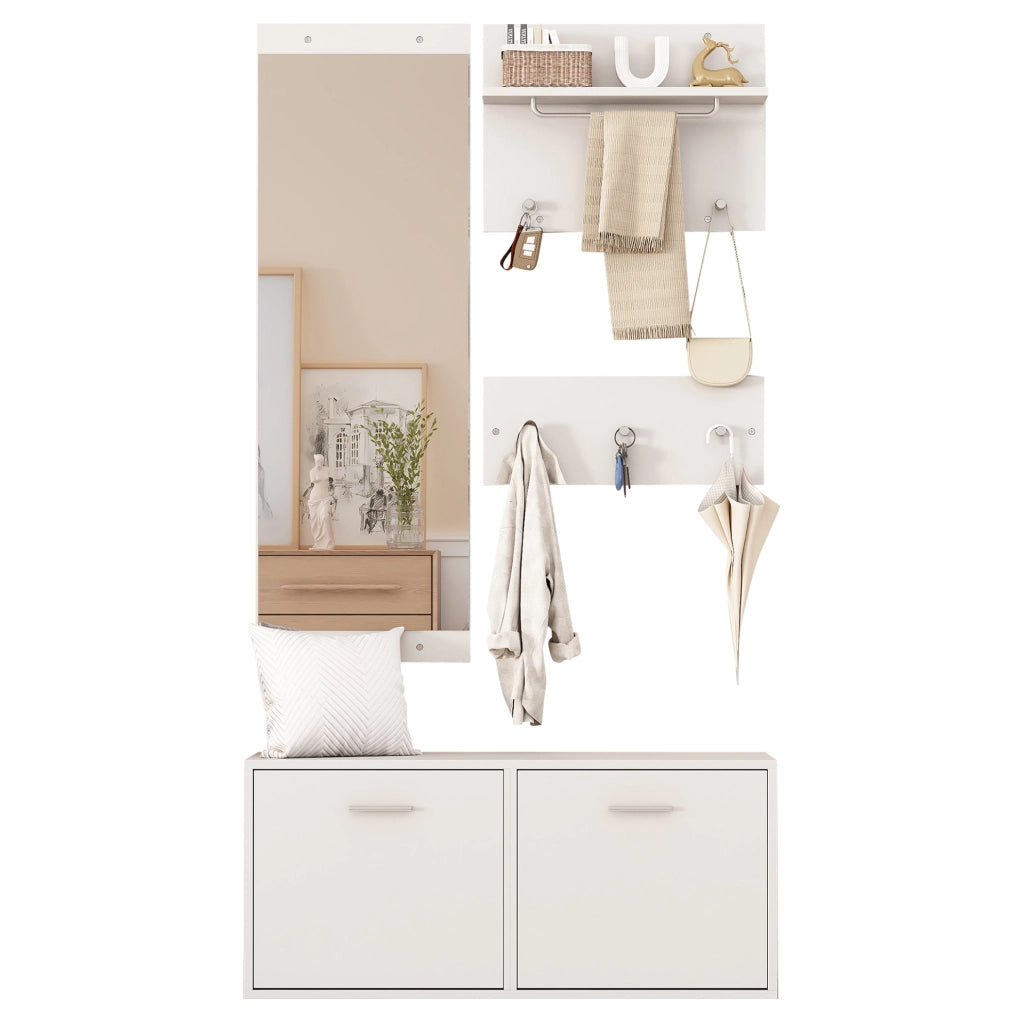Set guardaroba da ingresso 4 pezzi con specchio e scarpiera; bianco