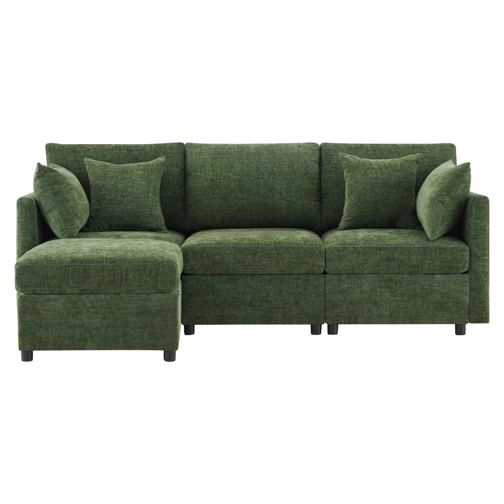 Divano Angolare Modulare 3 Posti con Poggiapiedi e Cuscini ¨C MINIMAL ¨C Verde, Tessuto Chenille