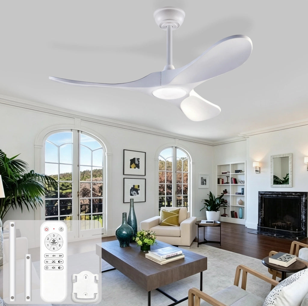Ventilatore da soffitto 52 pollici con LED dimmerabile e telecomando, pale in legno massello bianco HAVRYA