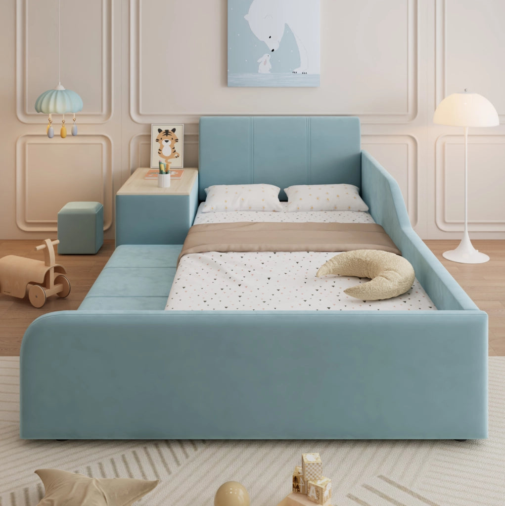 Letto singolo imbottito con scrivania laterale e sgabello in velluto blu, 90x200 cm