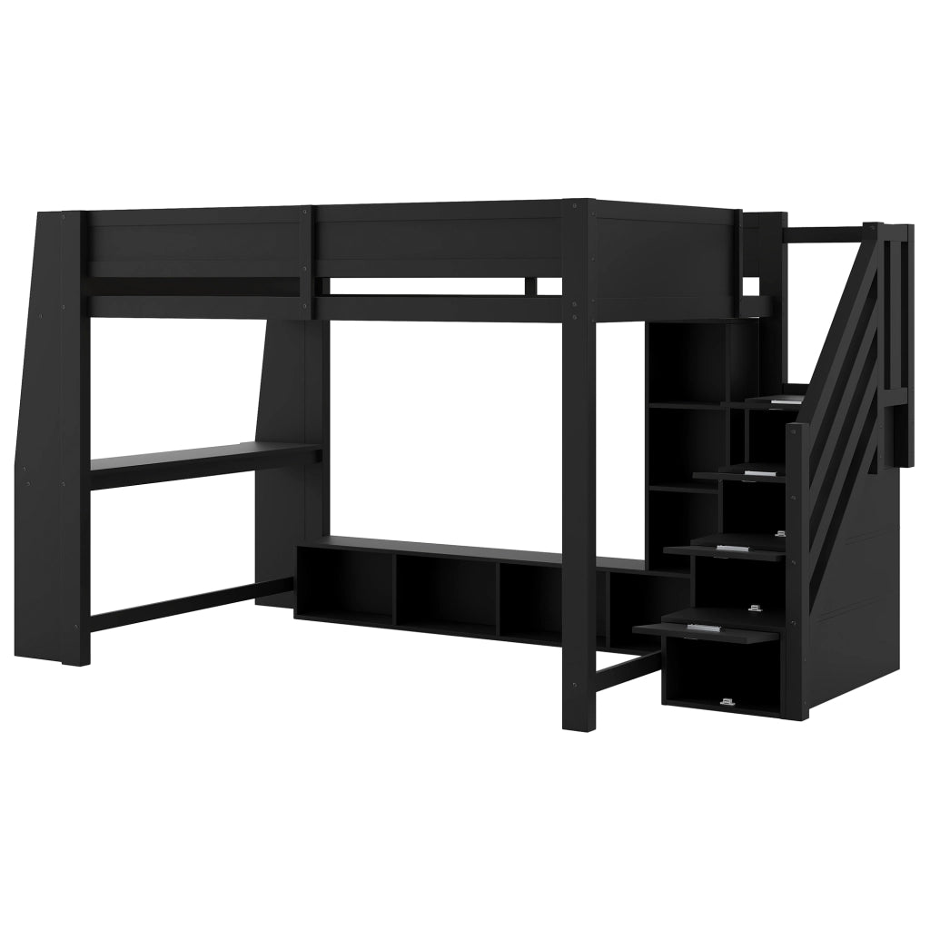 Letto a soppalco 140x200 in legno con scrivania e LED; nero
