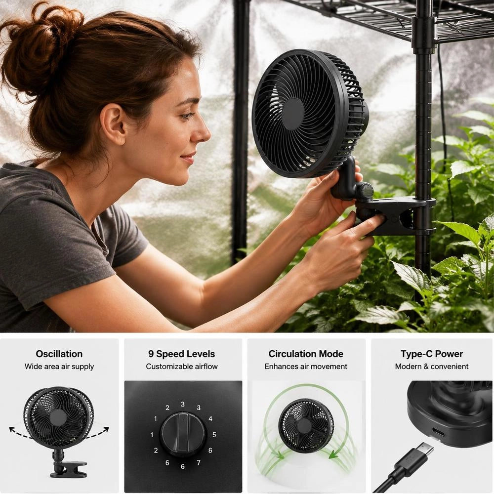 Plant Fan, Grow Tent Clip On Fan Rechargeable, USB Port With 9 Speeds & Circulation Mode, Smart Control, Powerful Oscillating, Long Runtime For Hydroponics Circulation Cooling, Black, 1 Pack