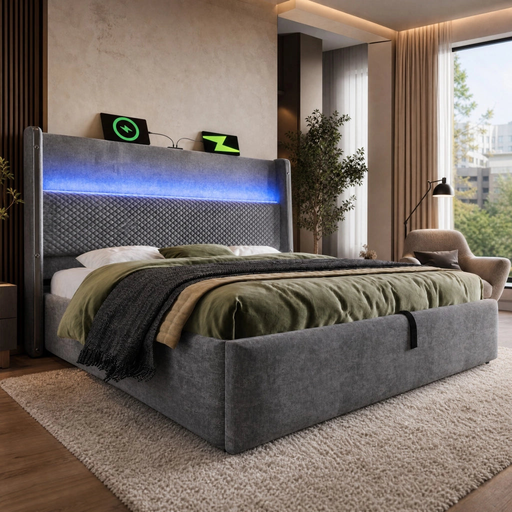 Letto matrimoniale contenitore idraulico 180 × 200 cm con LED; USB e Type-C; lino grigio