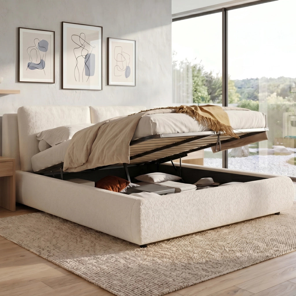 Letto matrimoniale contenitore 160 × 200 cm 2 posti con apertura idraulica e testiera imbottita, senza materasso, beige