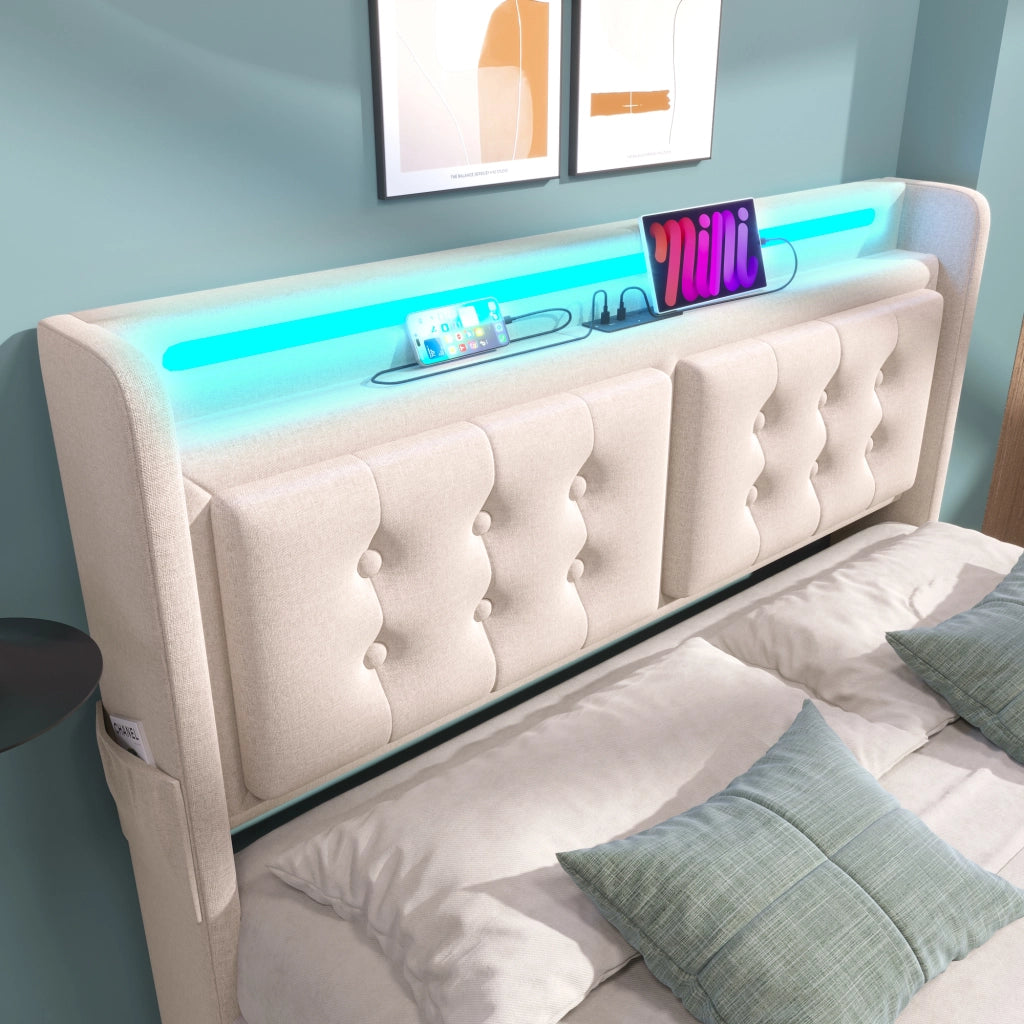 Letto imbottito 180x200 LED USB-C idraulico doghe 300kg beige