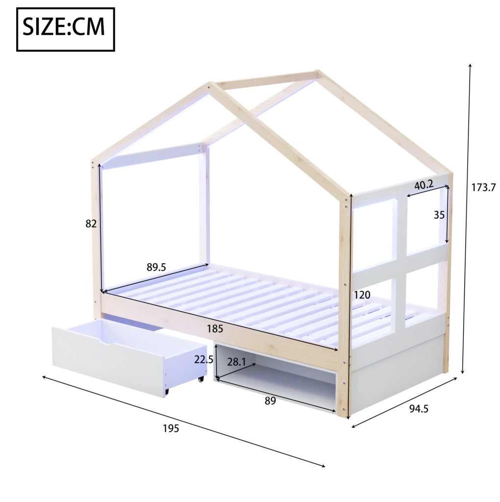 Letto a casetta 90x190 cm con cassetti, scarpiera e LED multicolore