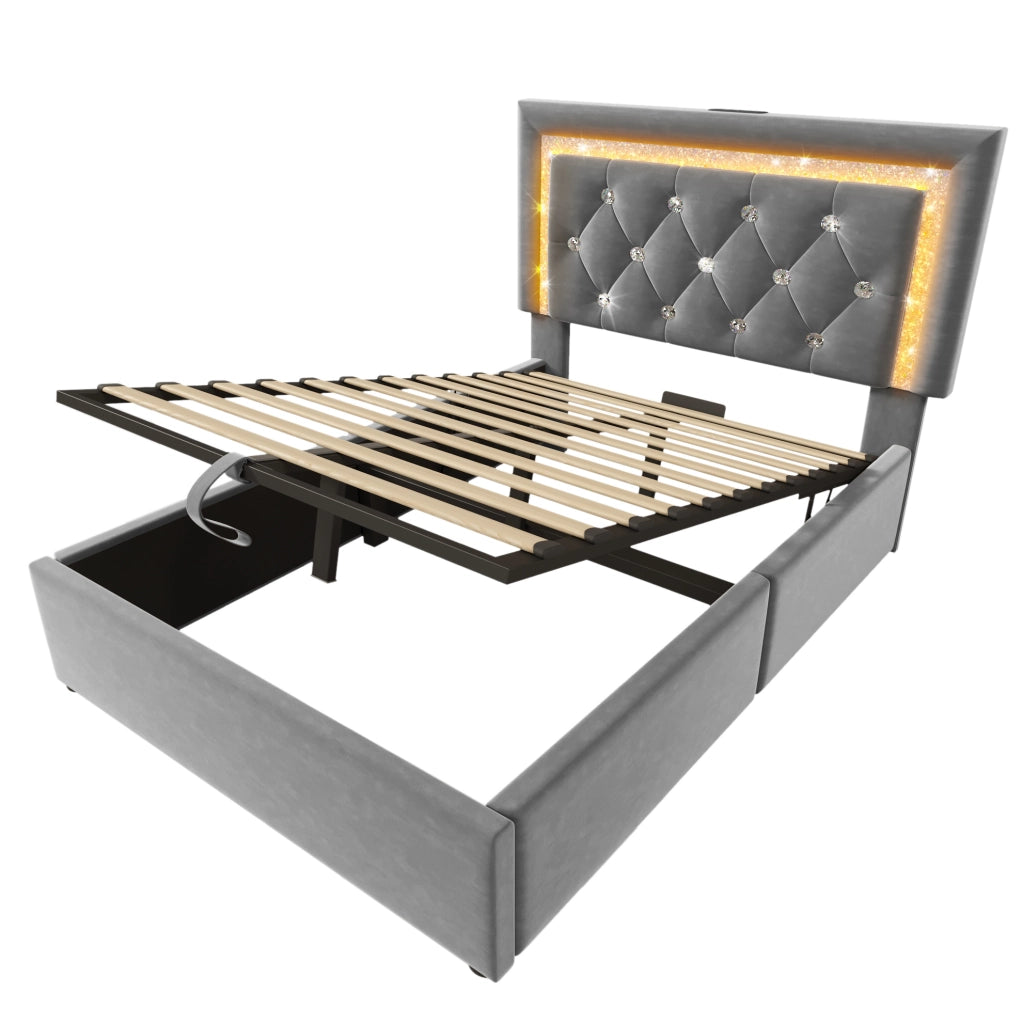 Letto singolo 90x200 cm in velluto grigio con LED, presa USB e Type-C, contenitore e materasso