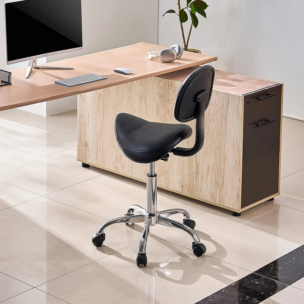 Sgabello da Sella con Ruote e Schienale MST003-4, Sedia Ergonomica Girevole Regolabile in Pelle PU, Portata 204 kg, Nero