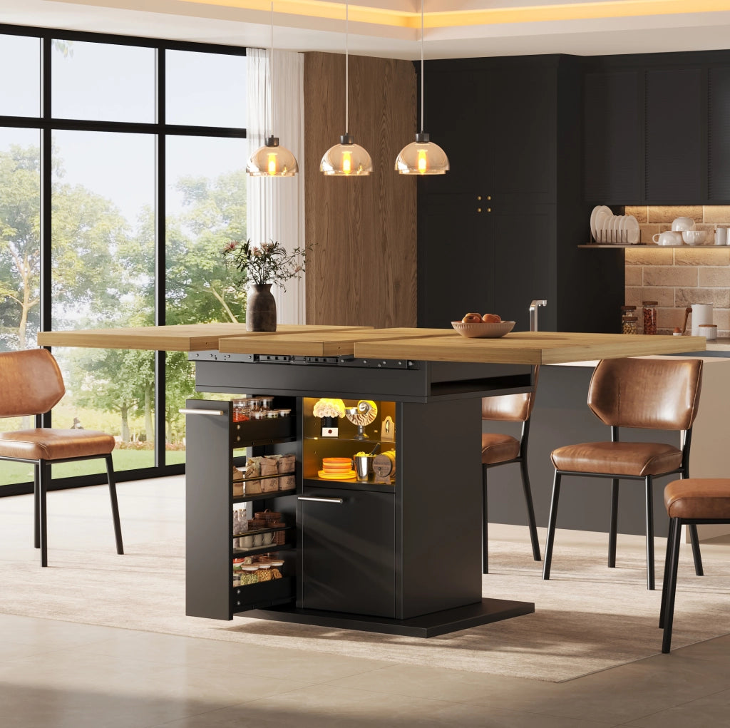 TAVOLO Allungabile 110-140x80x77,2 cm MDF Nero con LED e spazio contenitore