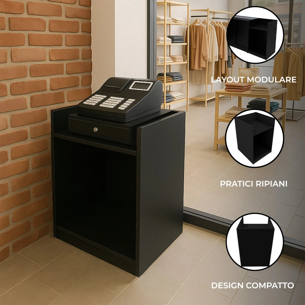 Bancone Cassa da Negozio Nero TB60 Mobile Reception 2 Ripiani in MDF