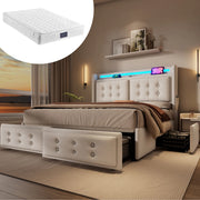 Letto 140x200 cm con LED, USB e USB-C, 4 cassetti e rete a doghe in beige