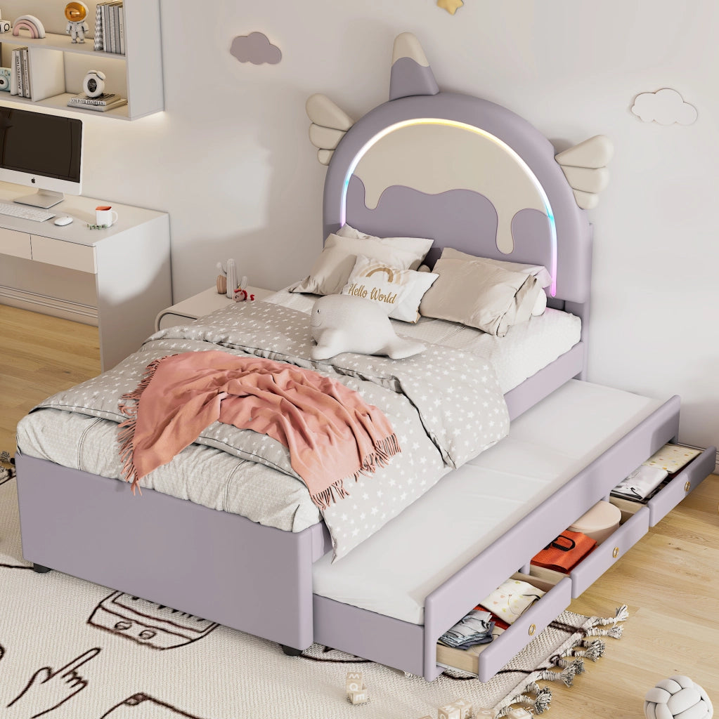 Letto per bambini 90x200 cm con letto estraibile e cassetti; PU e MDF; viola