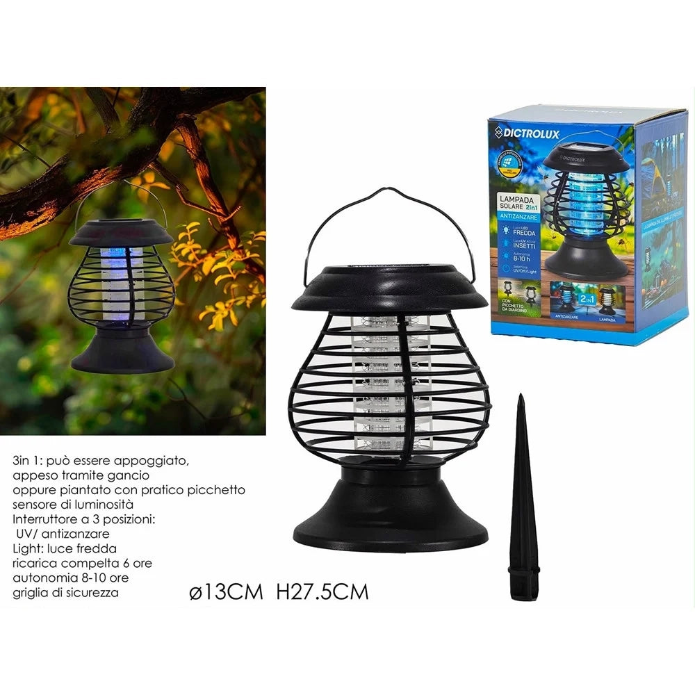 Trade Shop - Lampada Solare 2in1 Antizanzare Lanterna Luce Fredda Con Picchetto Giardino Multifunzione -