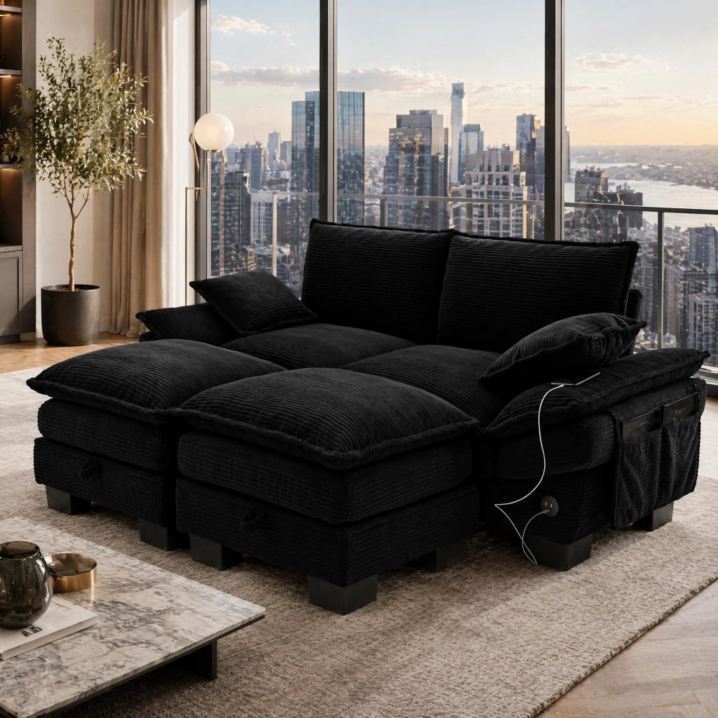 Divano modulare 2 posti in corduroy nero con 2 pouf; USB-C e tasche laterali