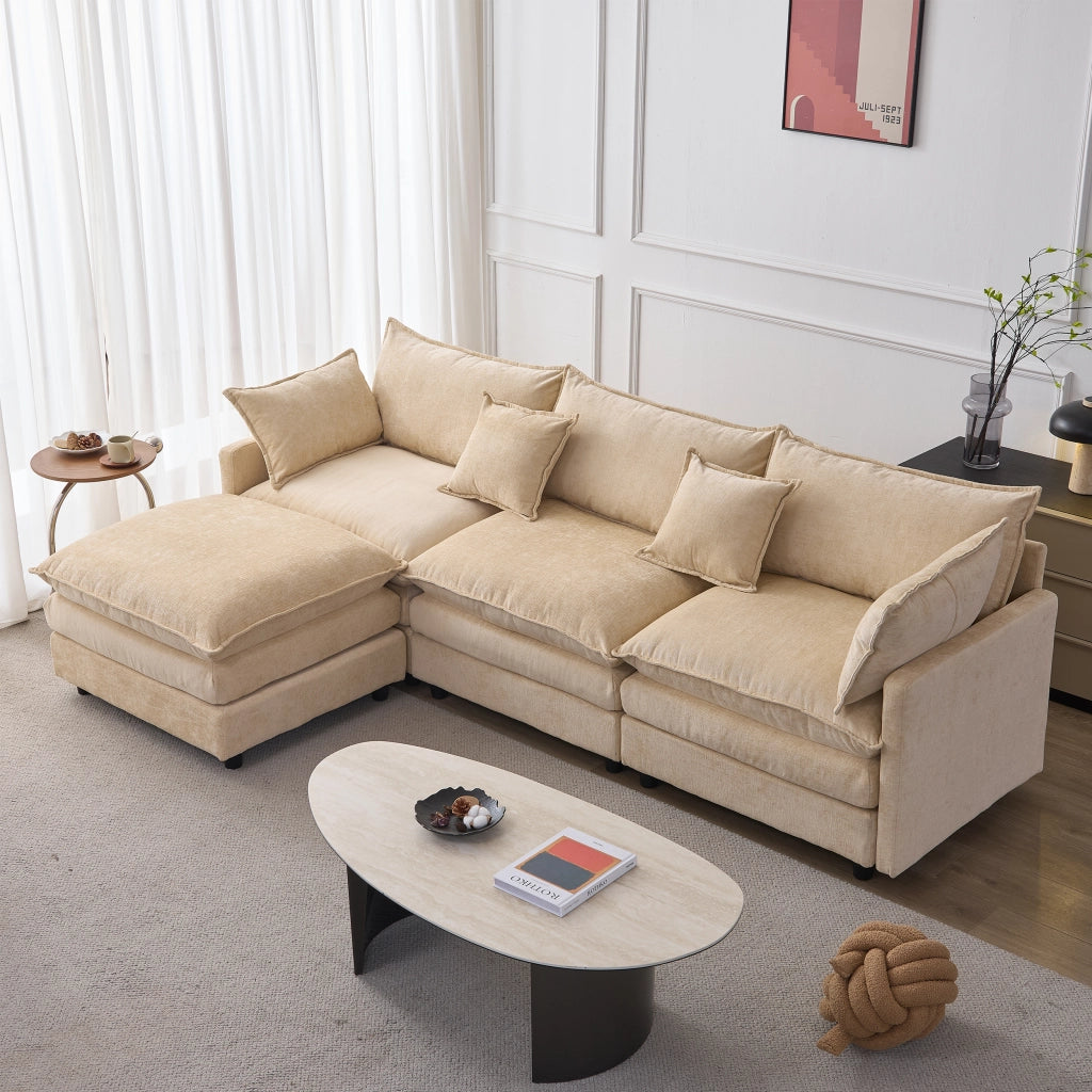 Divano Angolare Modulare 3 Posti con Chaise Longue e Pouf mobile, Cuscini inclusi, in Ciniglia Caffè Chiaro