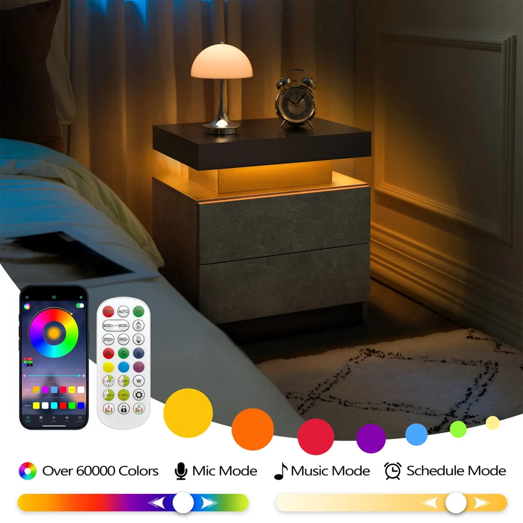 Comodino moderno con 2 cassetti, luci LED integrate, grigio