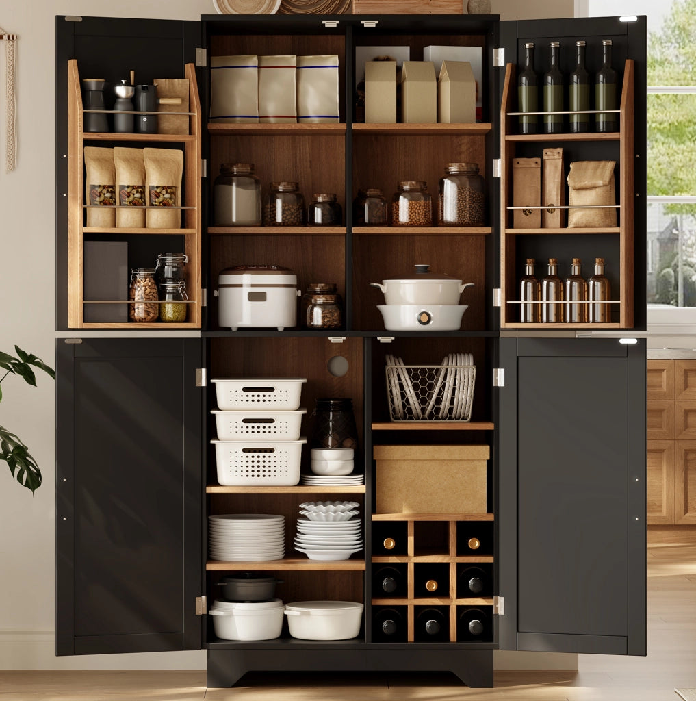 Armadio contenitore alto in MDF con portabottiglie, nero e naturale