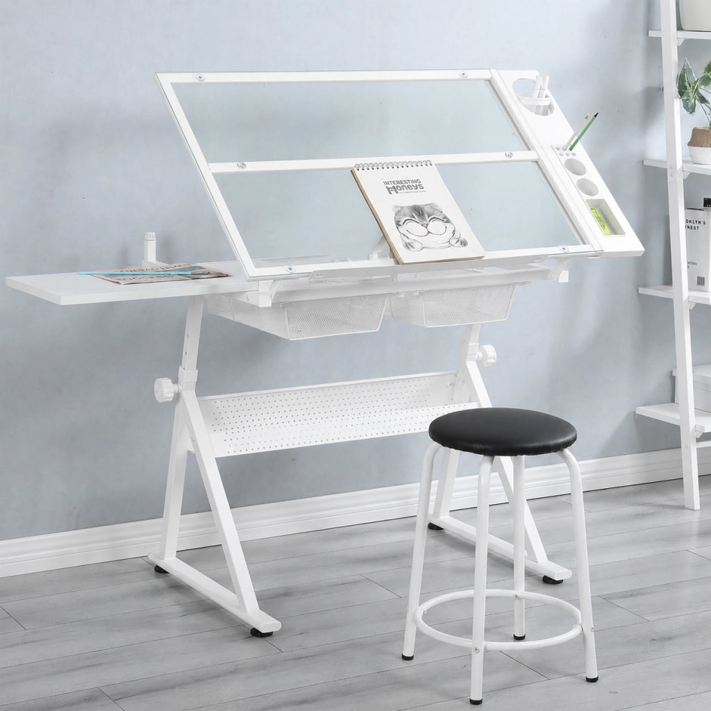 Set tavolo e sedie con tavolo da disegno regolabile, piano in vetro temperato e sedia, in acciaio bianco