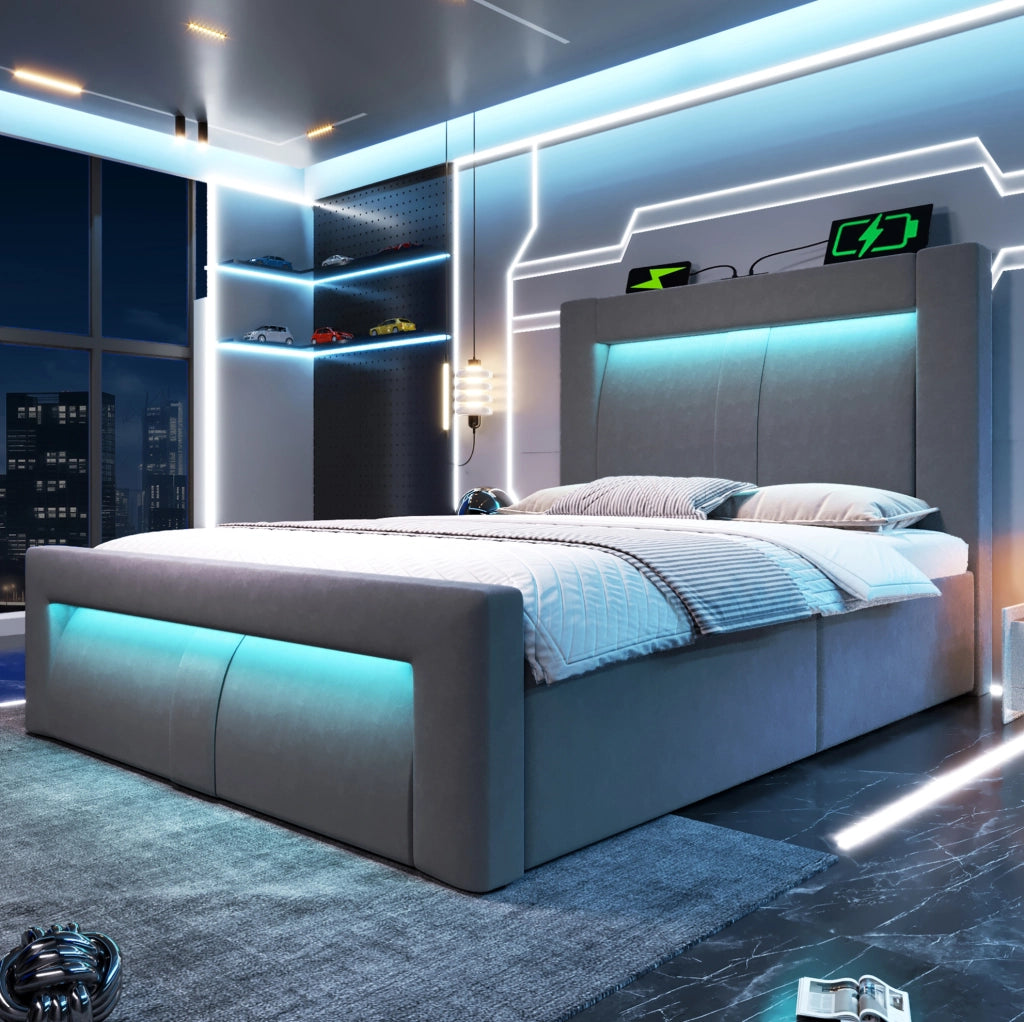 Letto singolo contenitore 90 × 200 cm con LED; USB e Type-C; velluto grigio