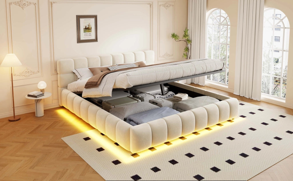 Letto contenitore matrimoniale 200 × 160 cm, illuminazione LED regolabile e testiera imbottita, senza materasso, beige