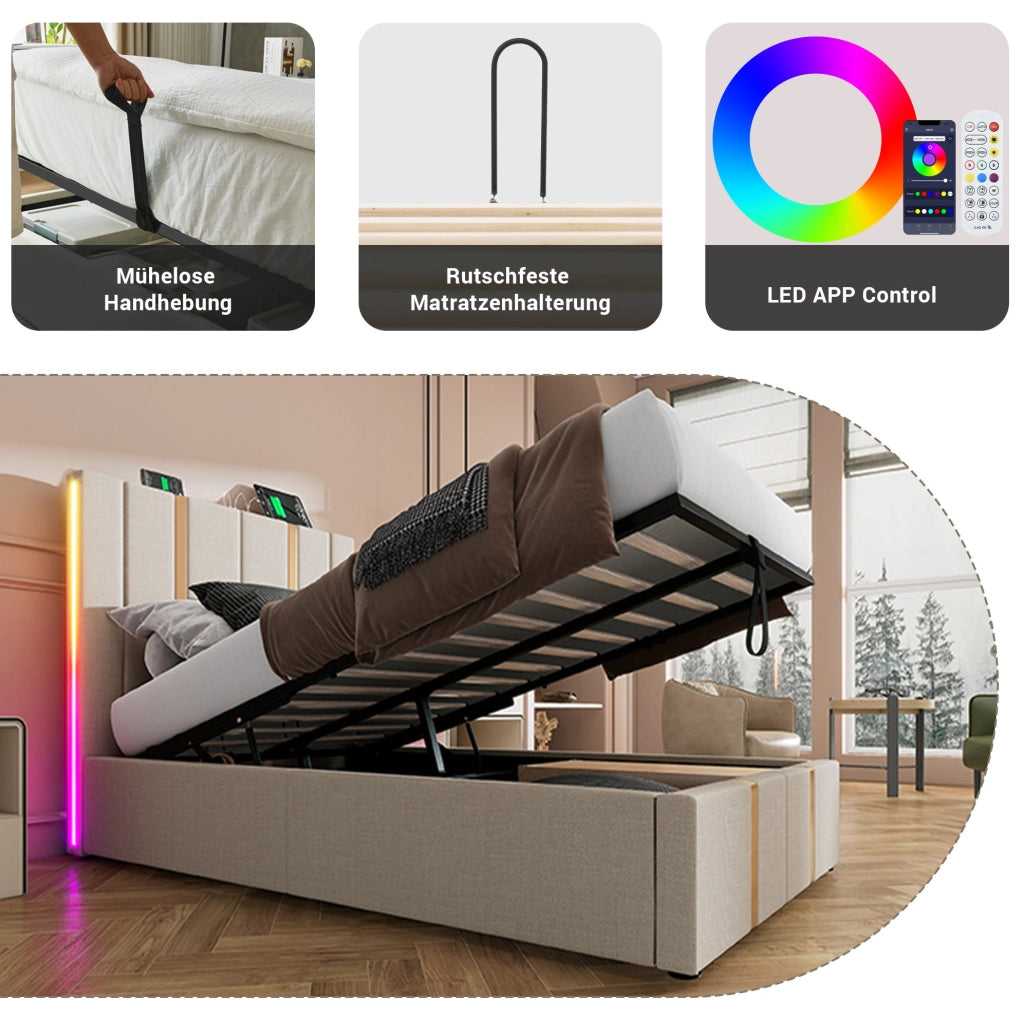 Letto imbottito 90x200 cm in lino beige con LED RGB, USB e Type-C, contenitore e rete a doghe