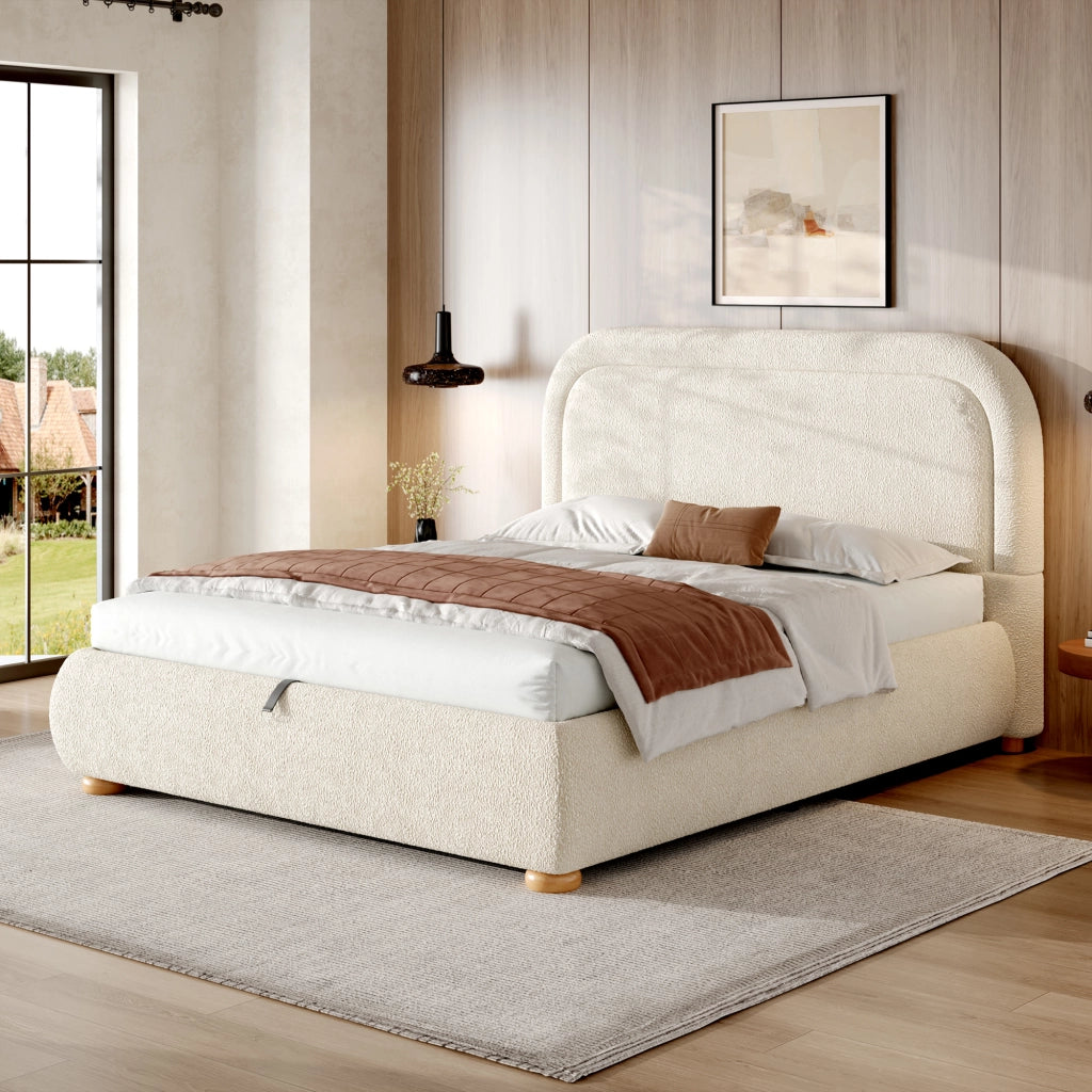 Letto con contenitore idraulico in bouclé beige