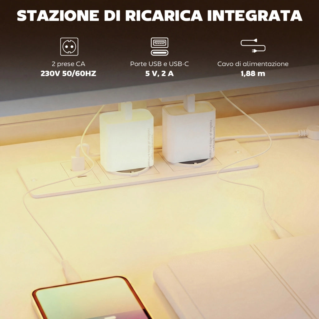 Scrivania Gaming 147 cm, Tavolo per Computer con Supporto CPU Regolabile e Reversibile, Luci RGB, Prese di Alimentazione, Porte USB e USB-C, Supporto Monitor e 3 Cassetti in Tessuto, Bianco