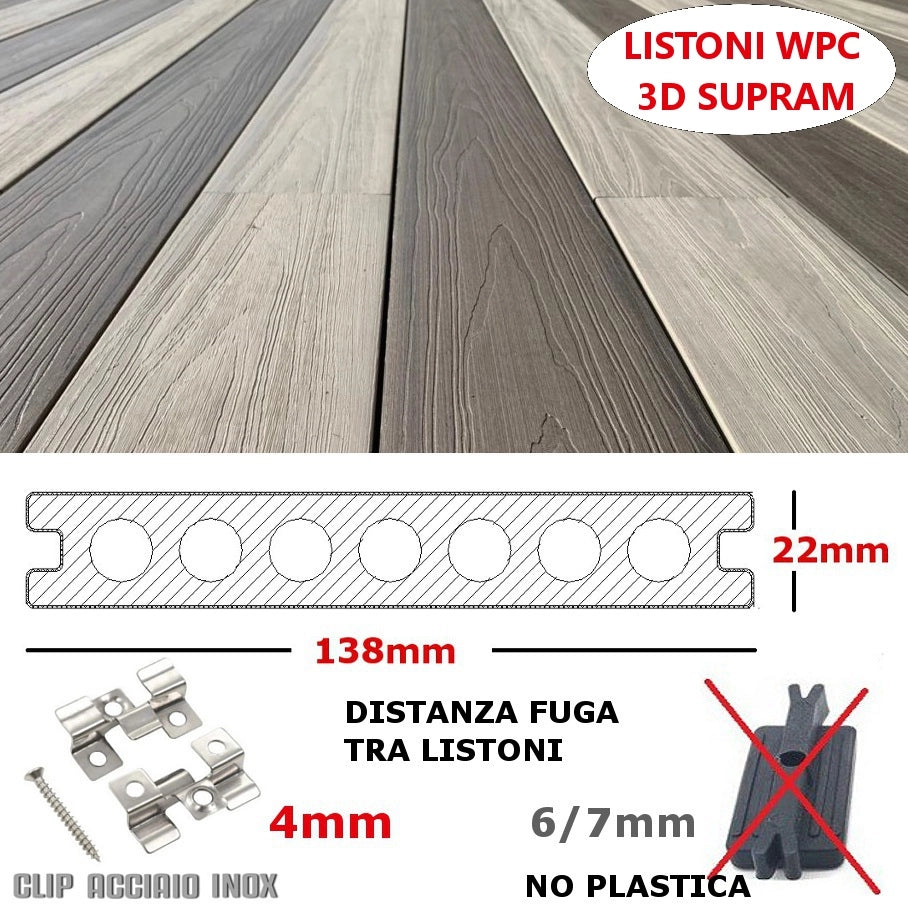 Listone WPC 3D SUPRAM HD 30m² co-estruso per pavimentazione decking colore Grigio effetto legno 138x2200mm spessore 22mm
