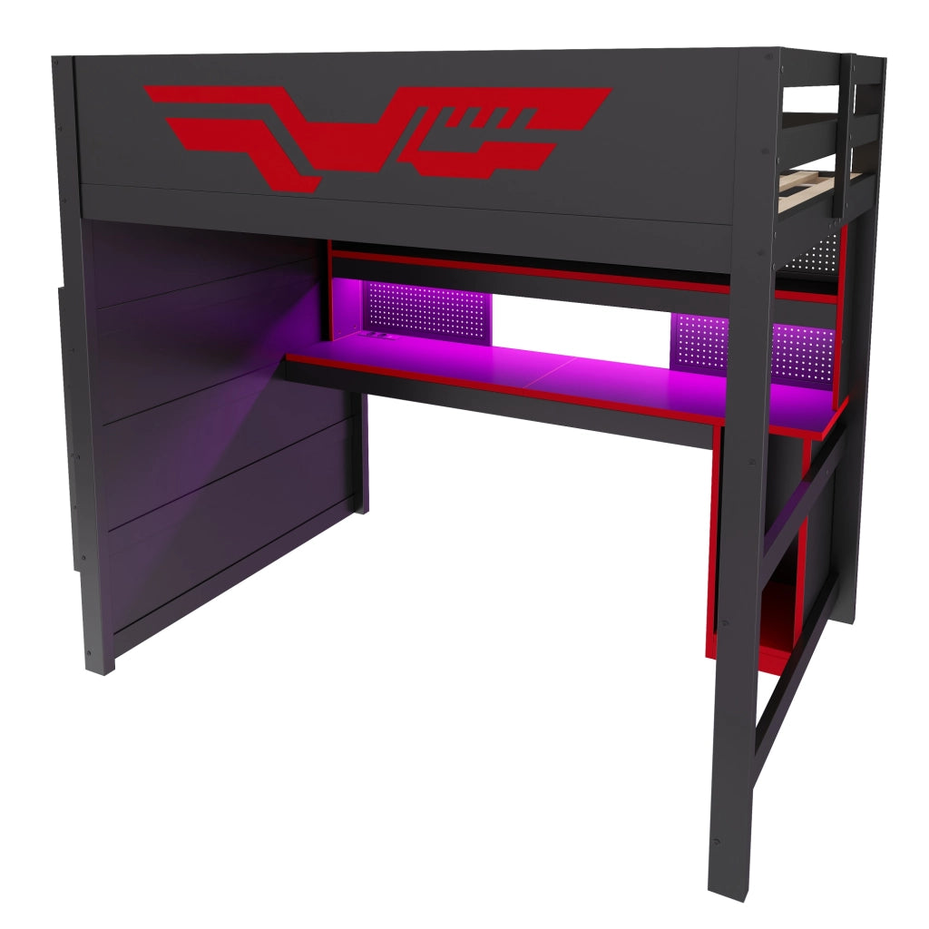 Letto a soppalco 140x200 con scrivania integrata; LED e USB; nero e rosso