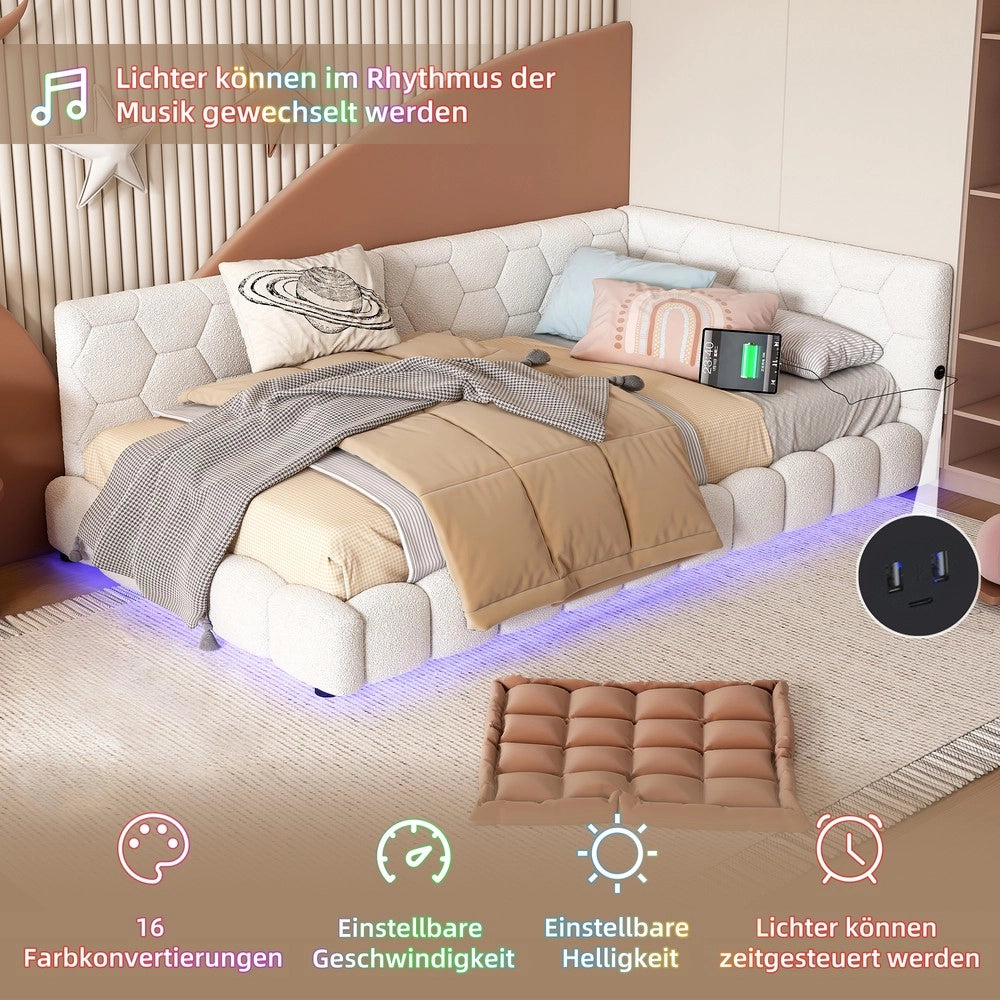 Letto daybett con rete a doghe e LED ¨C Minimal ¨C Bianco similpelle 90x200cm con USB Type-C
