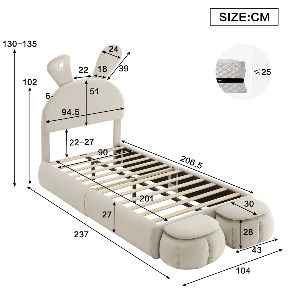 Letto Singolo Imbottito con Contenitore e LED ¨C MINIMAL ¨C Velluto Beige 90x200